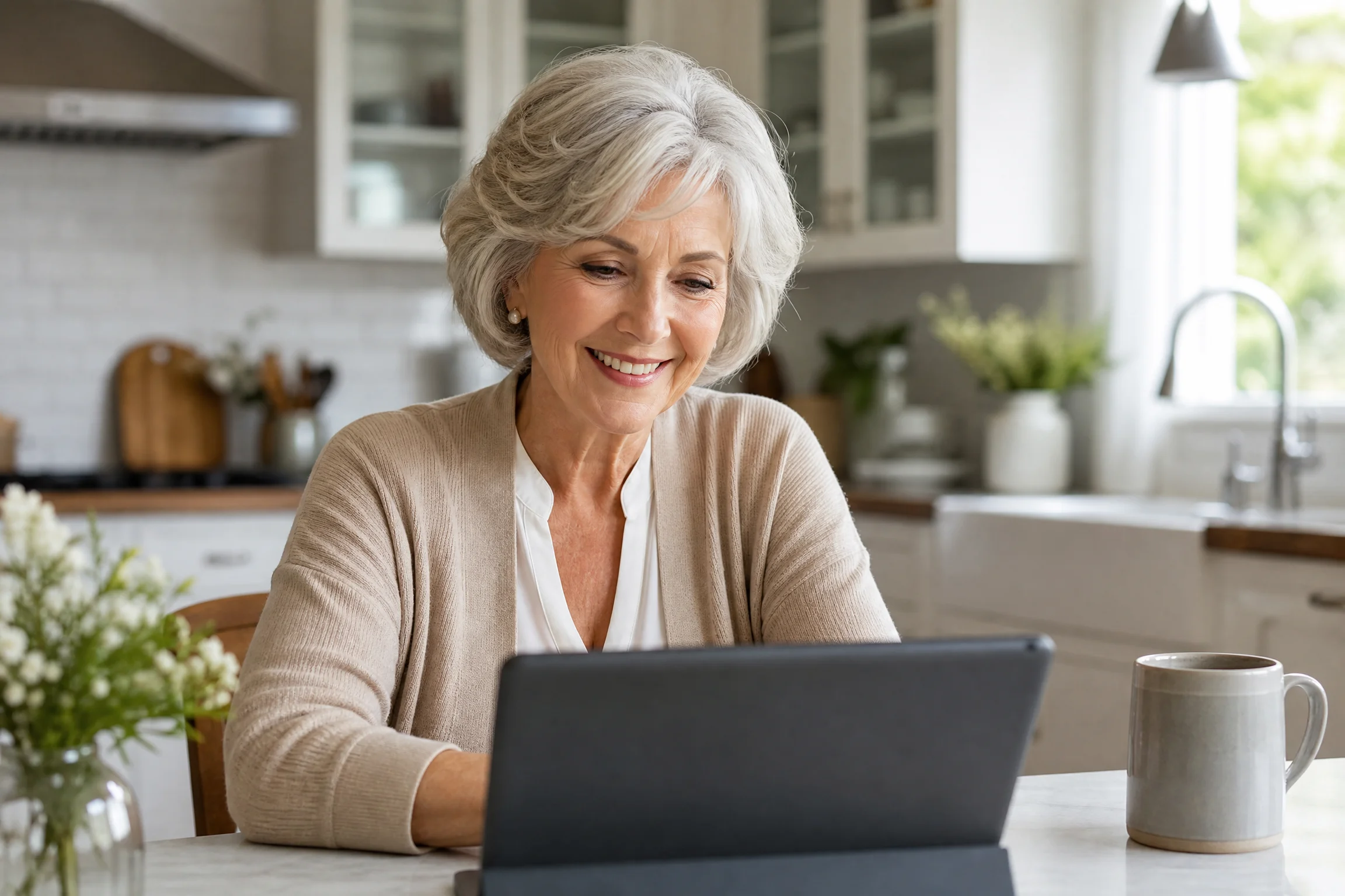 Femme senior souriante devant sa tablette