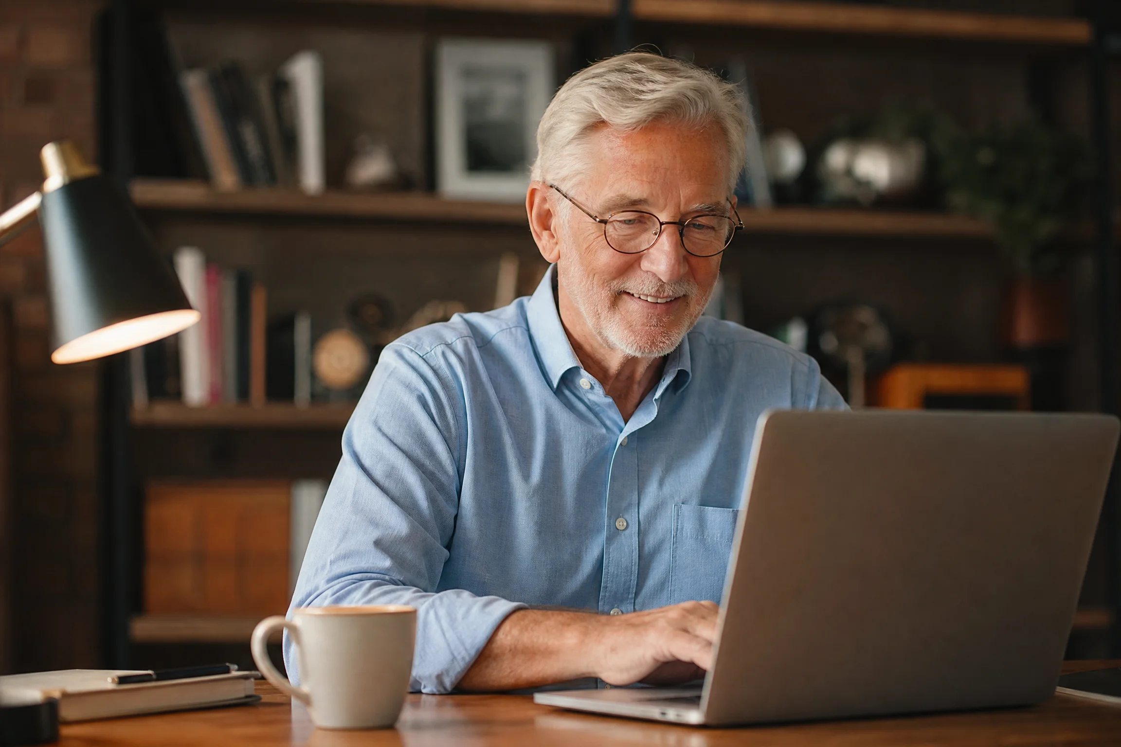 Homme senior élégant utilisant son ordinateur