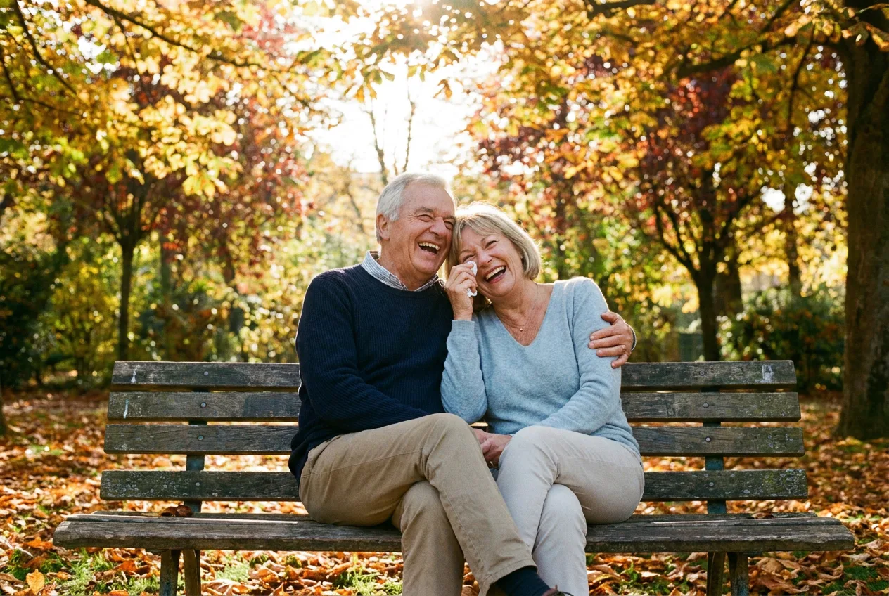 Couple senior heureux assis sur un banc dans un parc en automne
