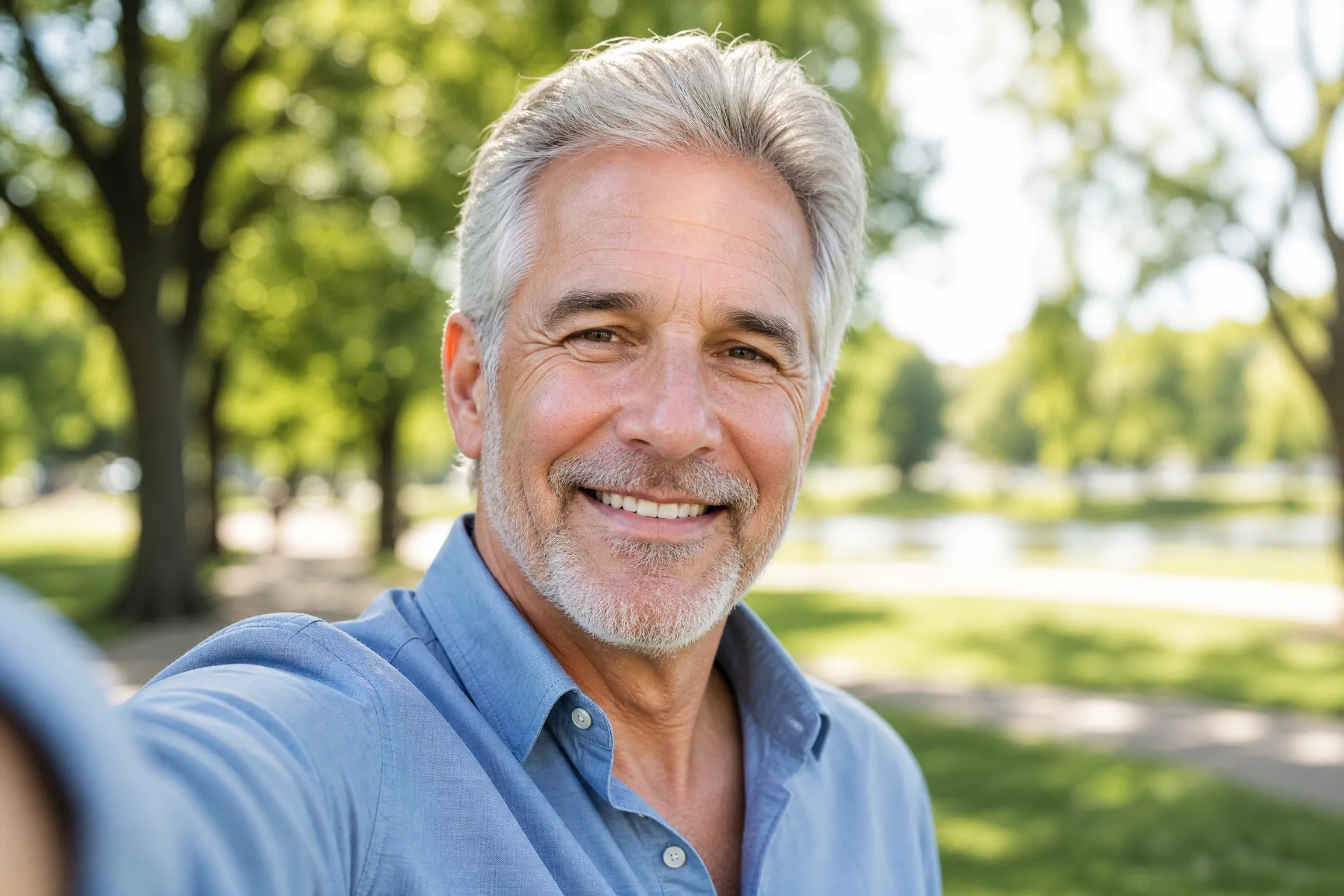 Homme senior souriant prenant un selfie lumineux en extérieur