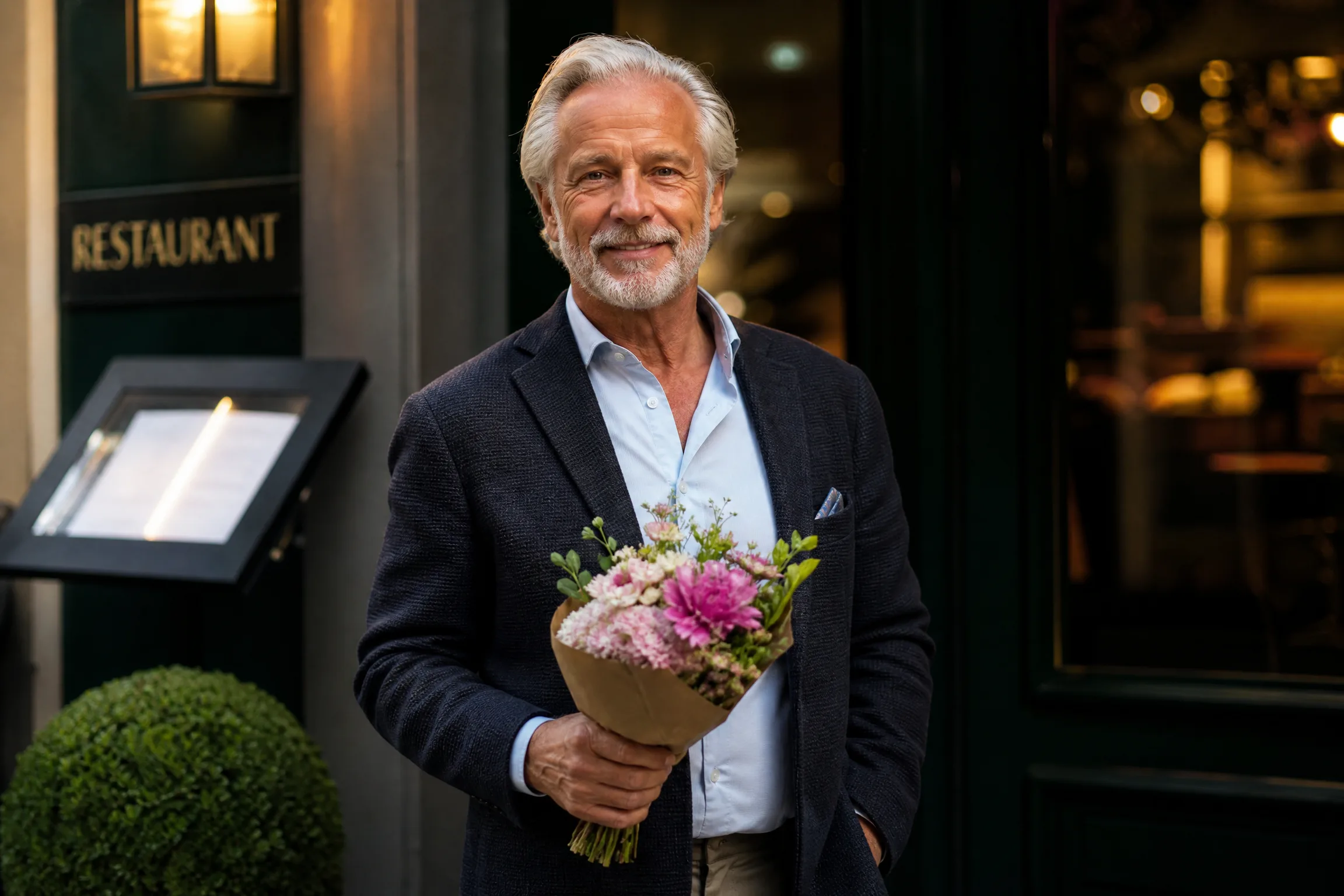 Homme senior élégant souriant avec un bouquet de fleurs devant un restaurant
