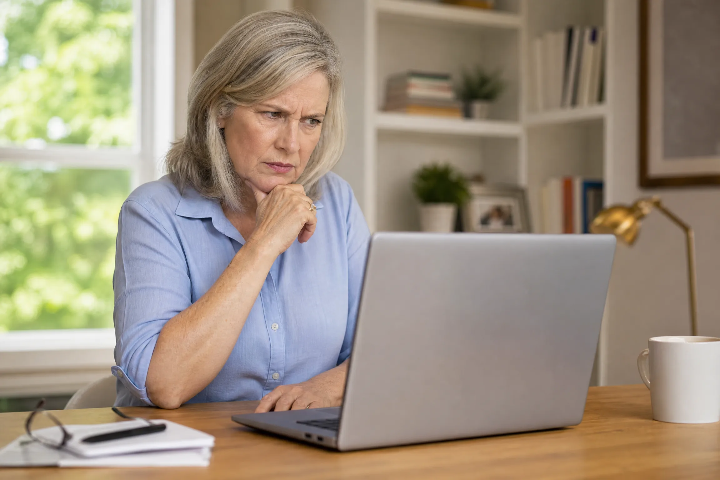 Femme senior analysant avec suspicion un profil de rencontre sur son ordinateur