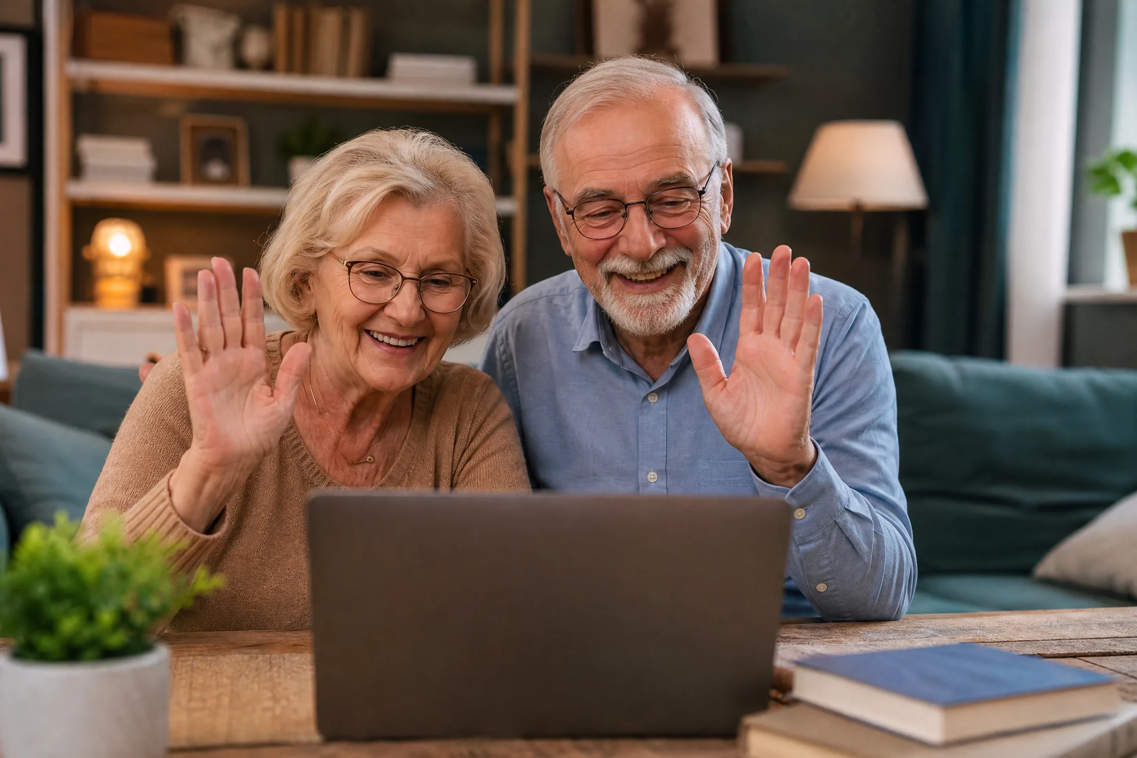 Couple senior souriant faisant un appel vidéo en toute sécurité