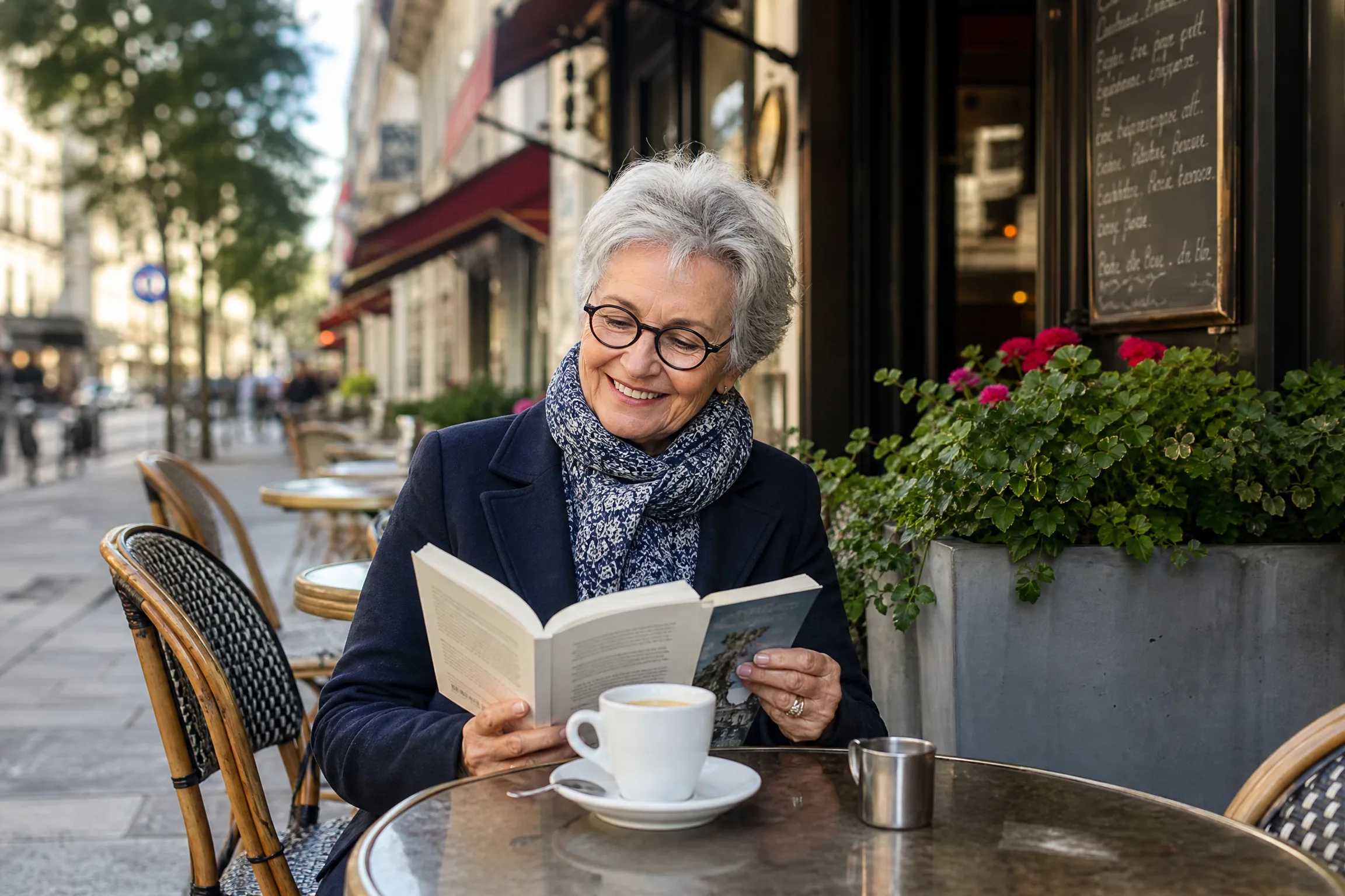 Femme senior élégante prenant un café à la terrasse d'un bistrot parisien typique