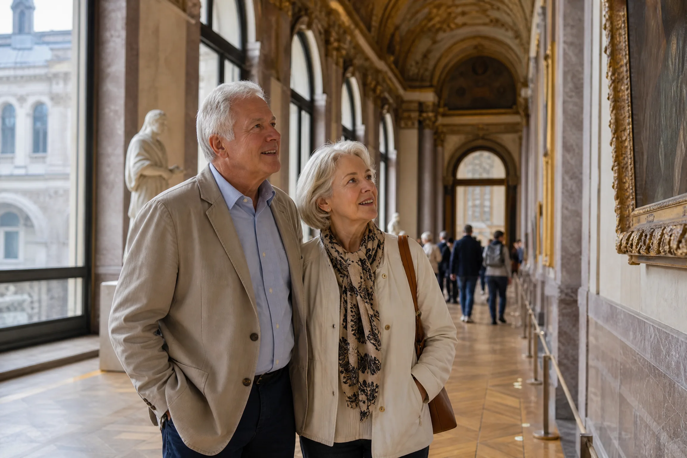 Couple senior visitant une galerie d'art parisienne avec intérêt