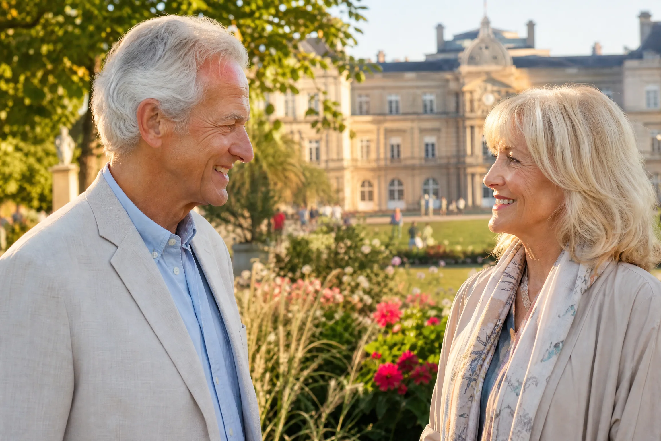 Rencontre souriante d'un homme et d'une femme senior dans les allées du Jardin du Luxembourg