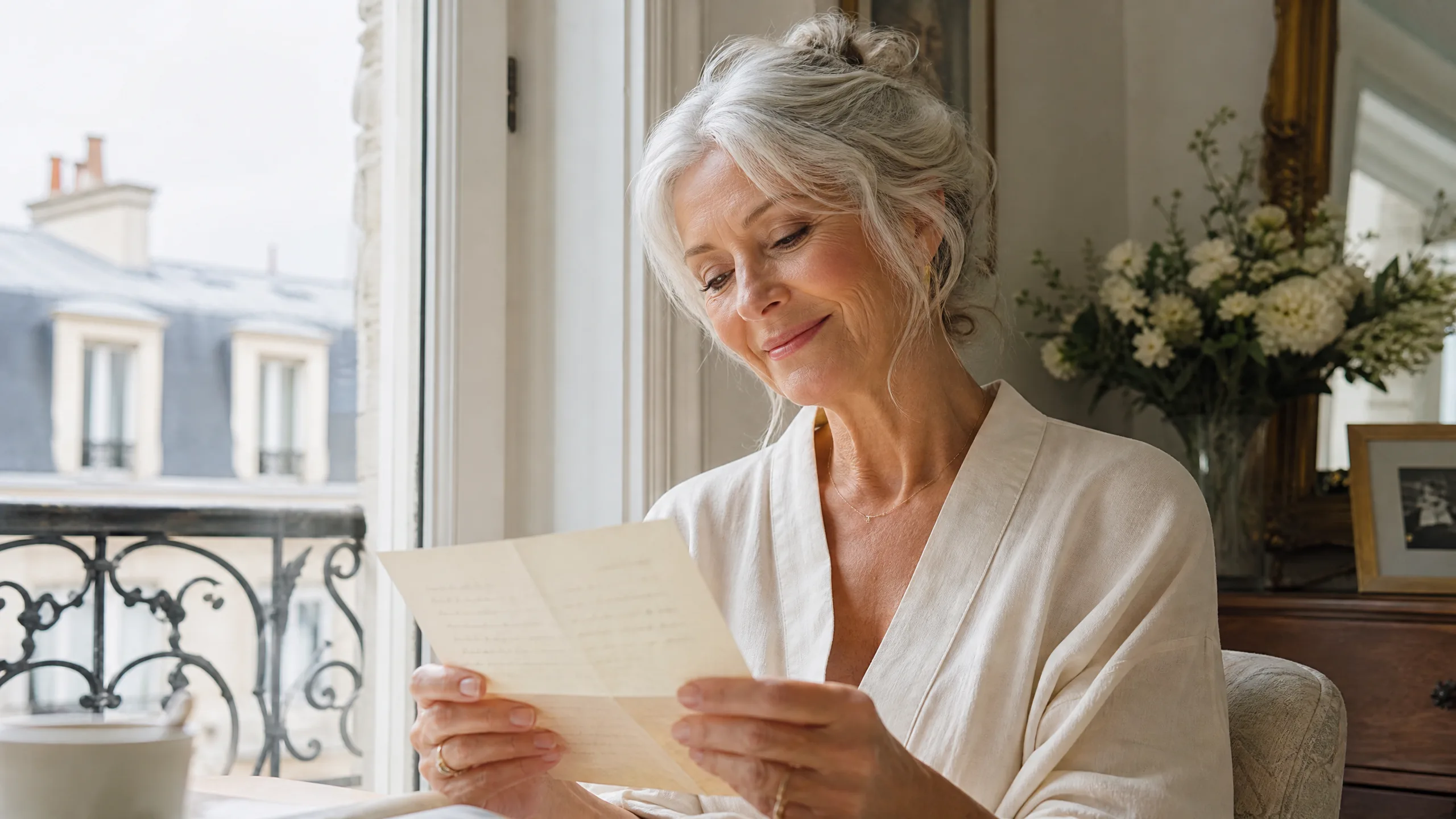 Femme senior souriante lisant un message avec émotion
