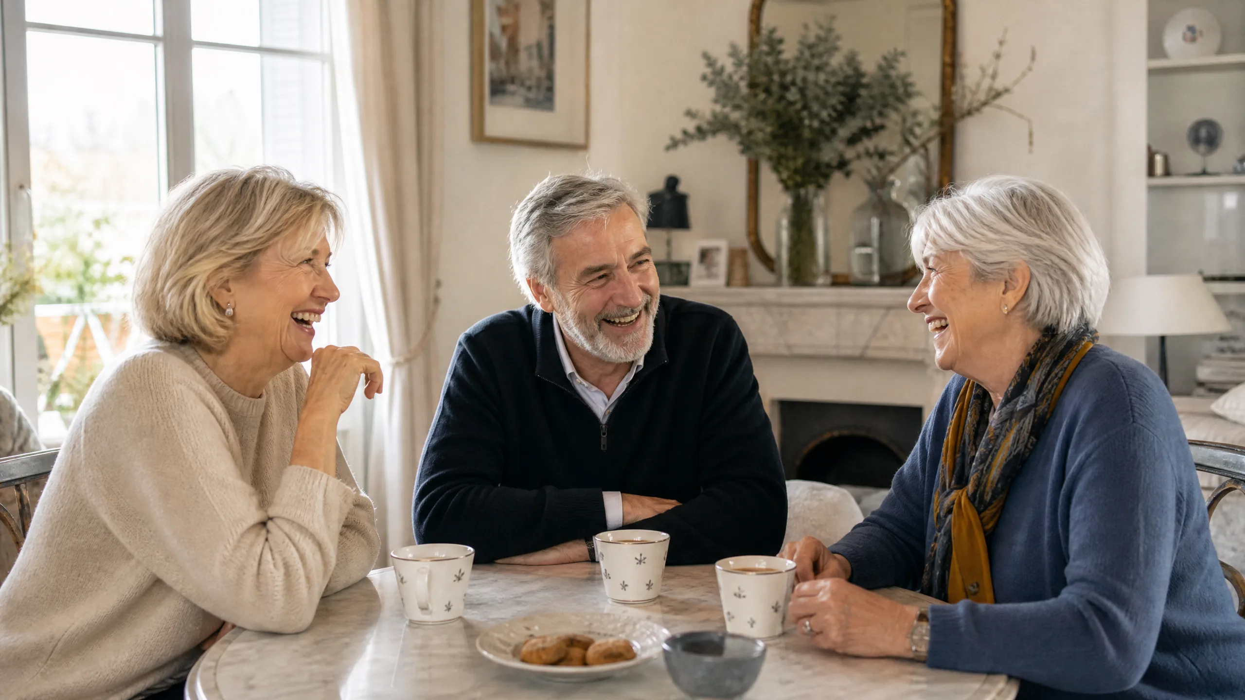 Couple senior complice partageant un café et riant ensemble