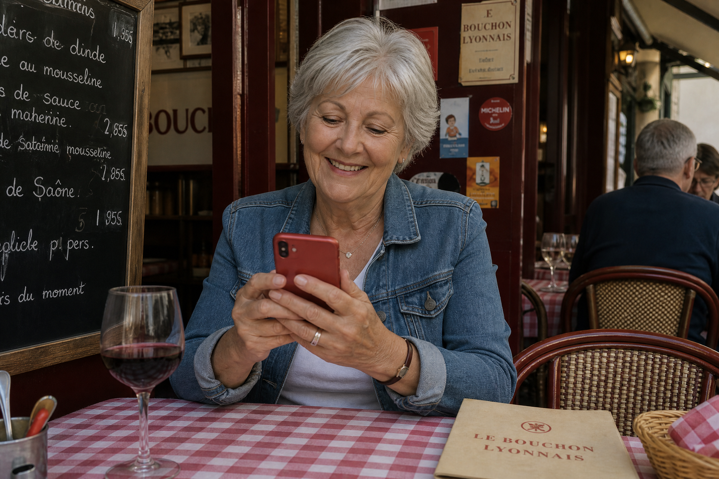 Senior lyonnaise souriante dans un bouchon lyonnais