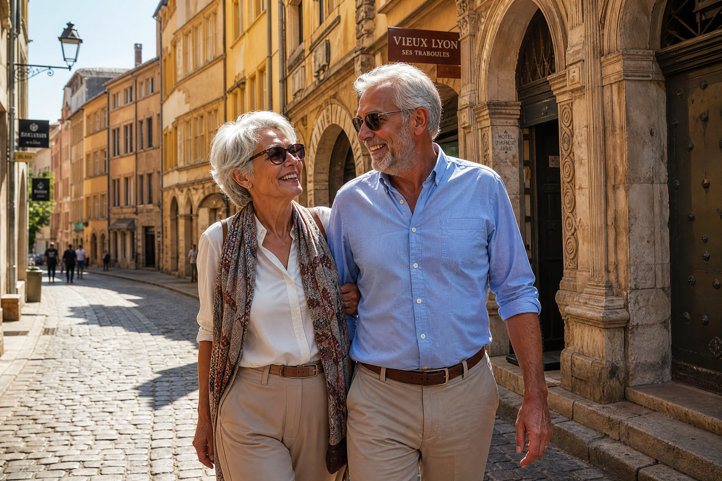 Couple senior se promenant dans le Vieux-Lyon