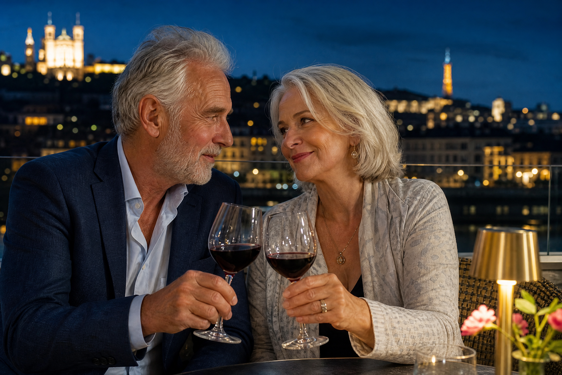 Couple senior en soirée romantique à Lyon avec la basilique de Fourvière illuminée