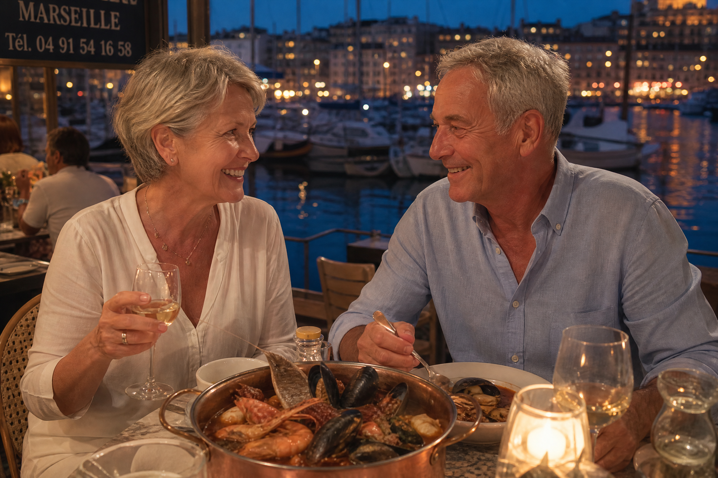 Couple senior savourant un dîner romantique avec bouillabaisse face au Vieux-Port illuminé de Marseille